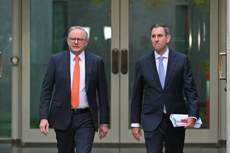 Prime Minister Anthony Albanese and Treasurer Jim Chalmers seen walking out of Parliament House