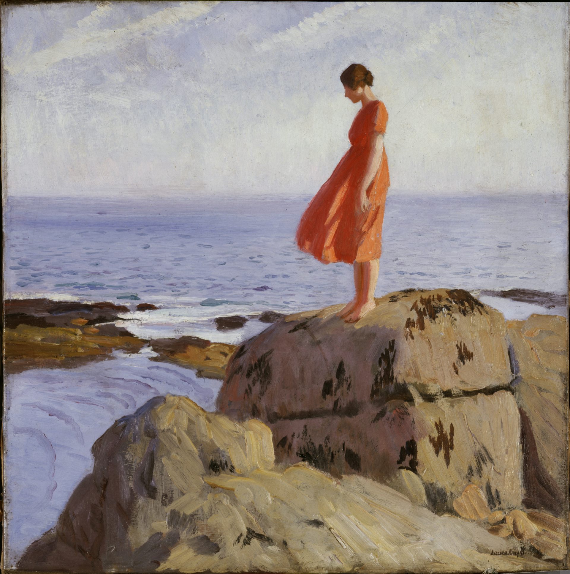 Painting of a woman in a red dress on a rock looking into the sea.