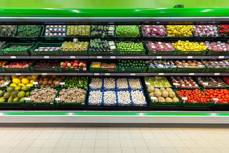 Fresh produce supermarket display.
