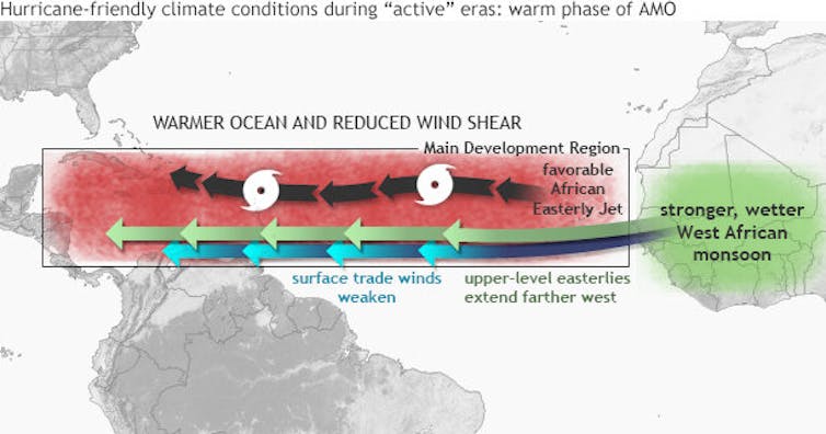 A map winds and warmer temperatures from Africa through the Caribbean and toward Central America.