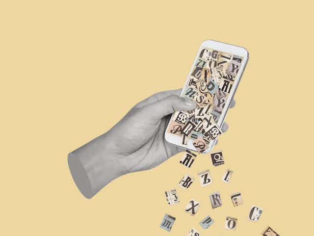 Graphic of hand holding a smart phone with newspaper headline cutouts tumbling from the screen.