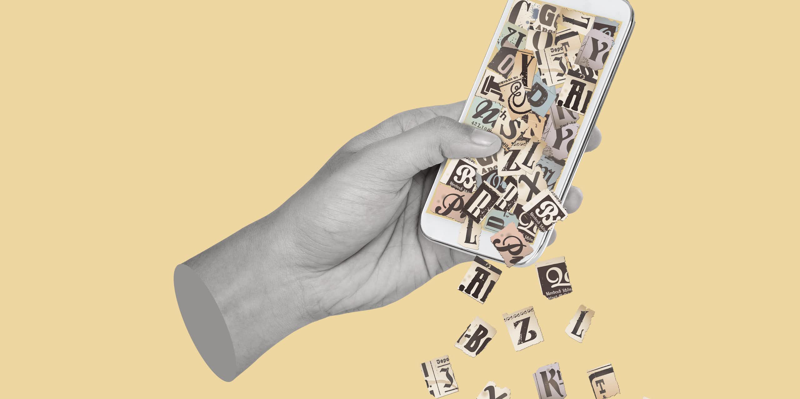 Graphic of hand holding a smart phone with newspaper headline cutouts tumbling from the screen.