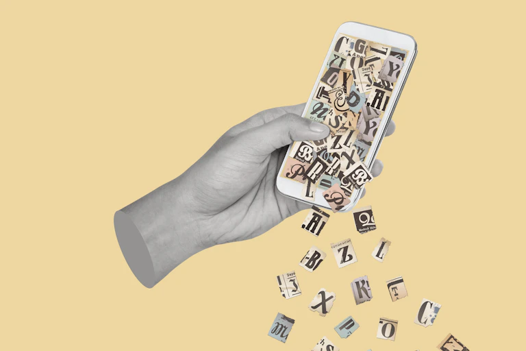 Graphic of hand holding a smart phone with newspaper headline cutouts tumbling from the screen.