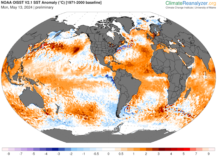 A map shows that it is exceptionally warm, especially in the Atlantic and Indian Oceans.