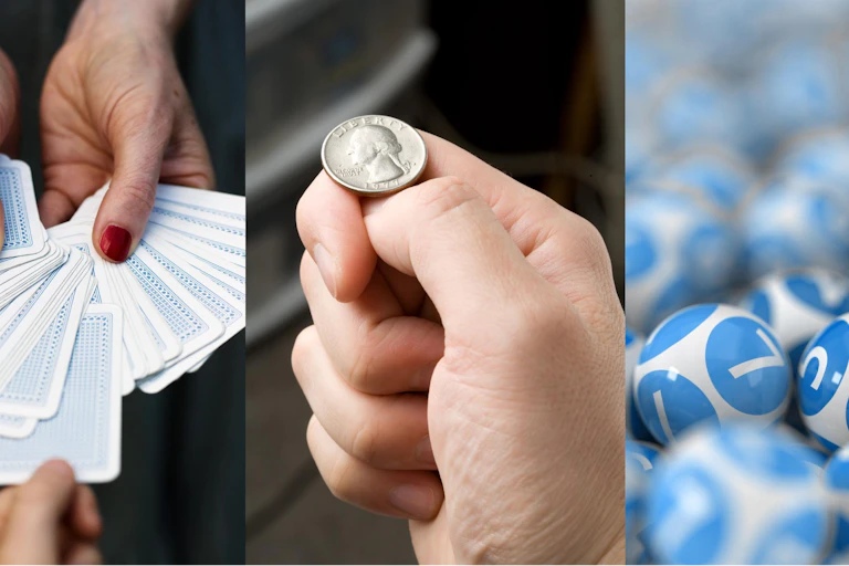 Side-by-side images of a person drawing a card from a deck, someone flipping a coin and numbered ping-pong balls.