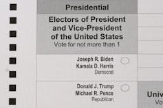 Part of a 2020 ballot shows a choice between two candidates.