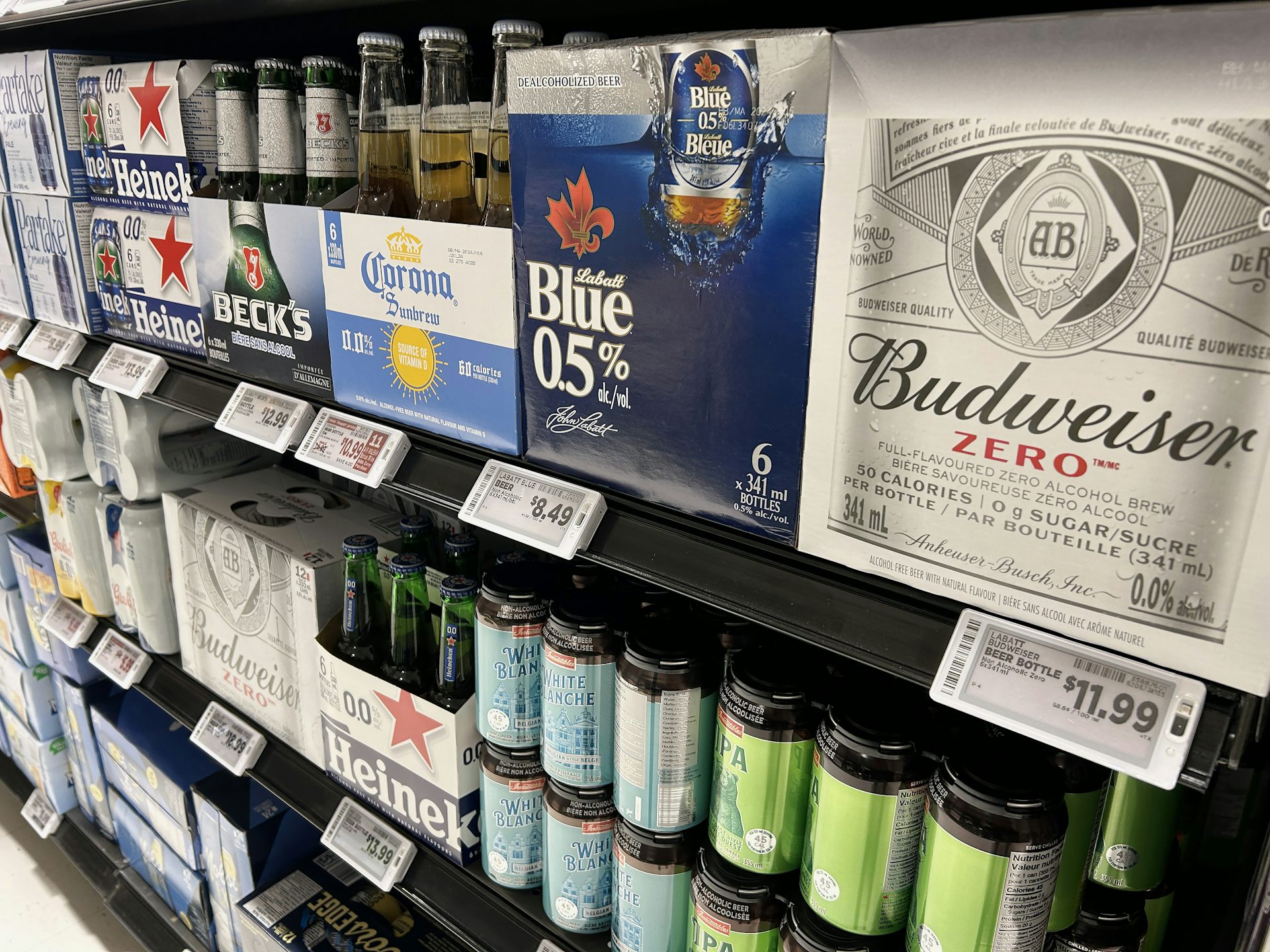 Alcohol-free beer is seen on a shop shelf.