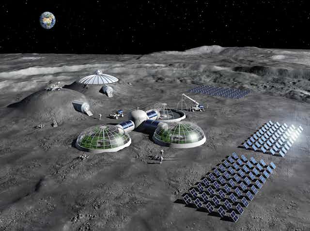 An illustration of a base on the Moon, with three solar panel arrays, a building with dome-shaped greenhouses, and the Earth visible in the sky in the background.