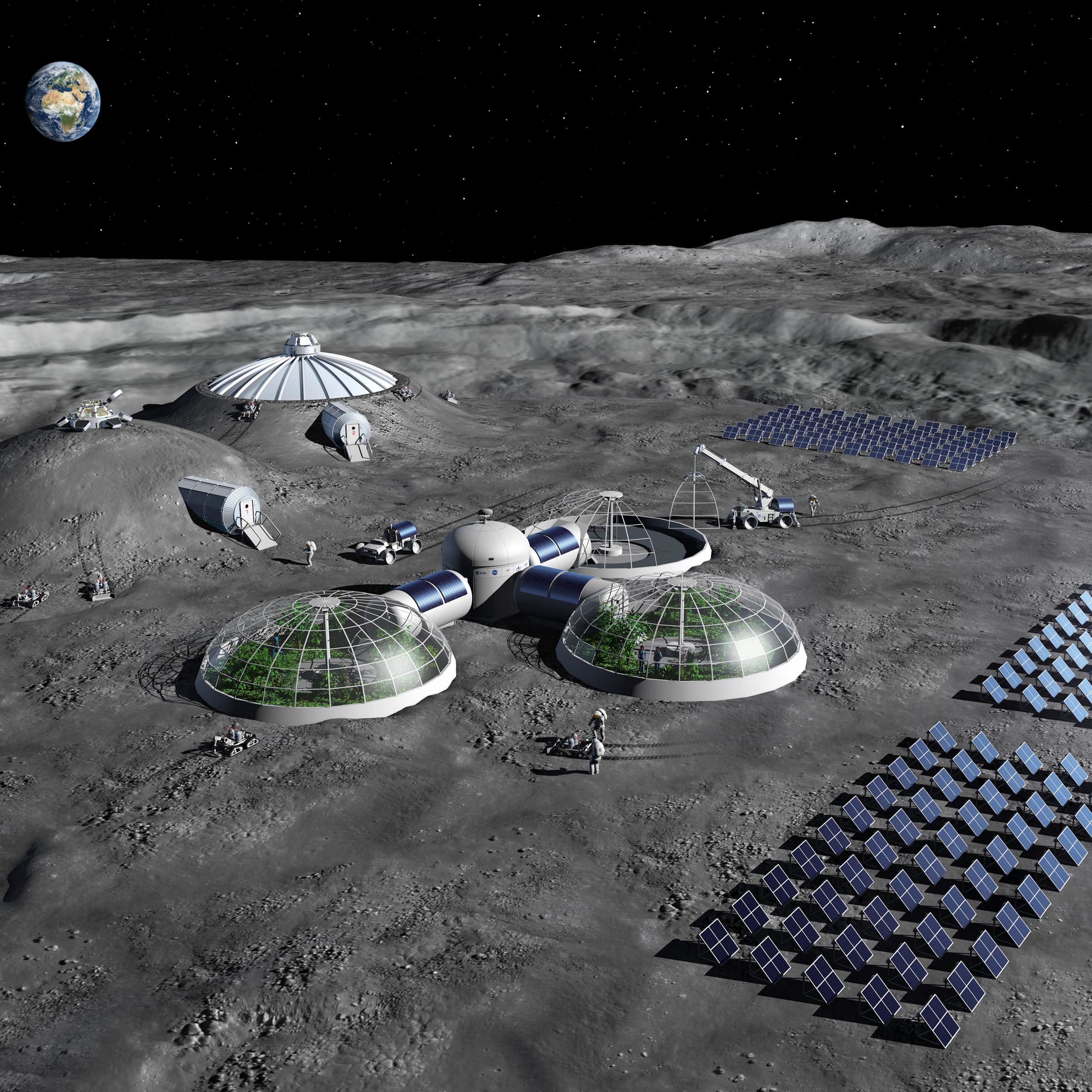 An illustration of a base on the Moon, with three solar panel arrays, a building with dome-shaped greenhouses, and the Earth visible in the sky in the background.