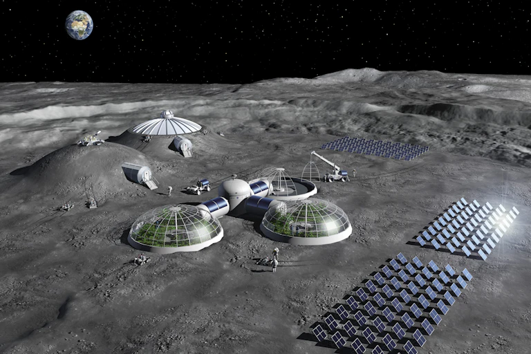 An illustration of a base on the Moon, with three solar panel arrays, a building with dome-shaped greenhouses, and the Earth visible in the sky in the background.