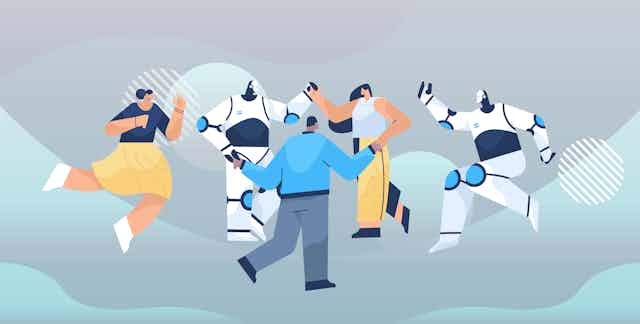 cartoon image of three people and two humanoid robots dancing
