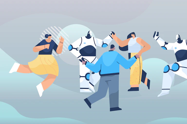 cartoon image of three people and two humanoid robots dancing