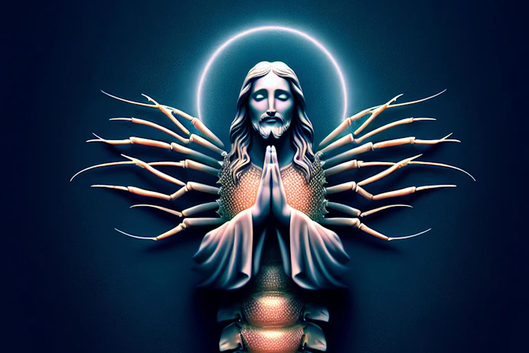 An eerie image of the head and hands of Jesus interposed on a lobster with crab feet.