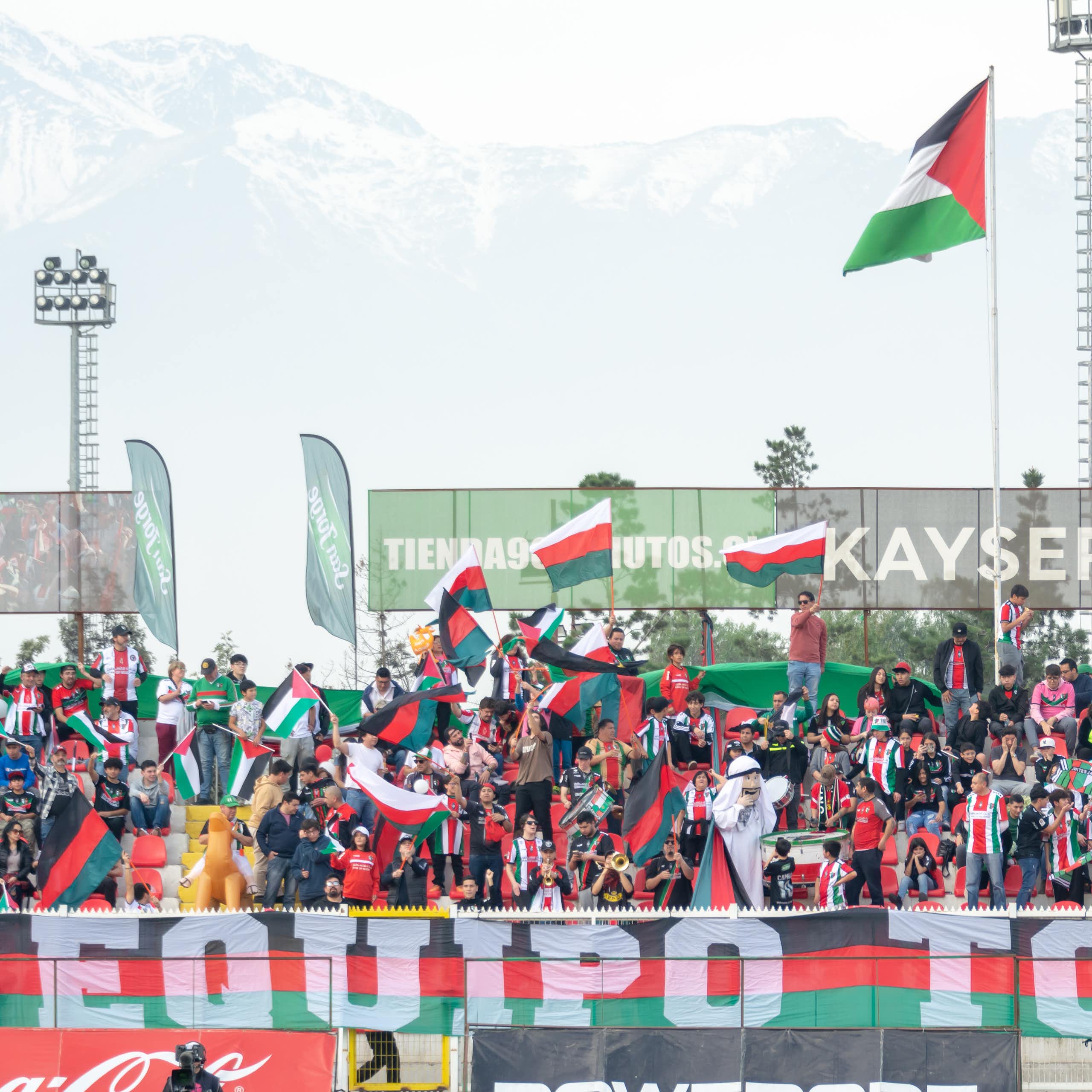 A stand filled with fans wearing red, white and green t-shirts and waving Palestinian flags.