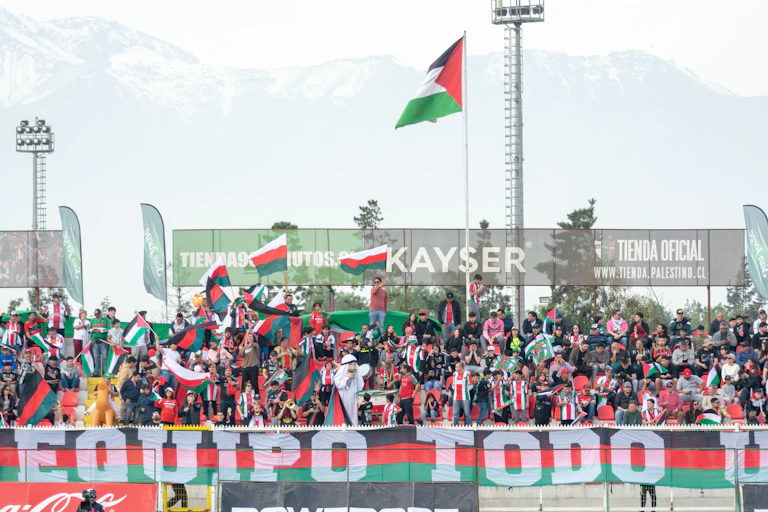 A stand filled with fans wearing red, white and green t-shirts and waving Palestinian flags.