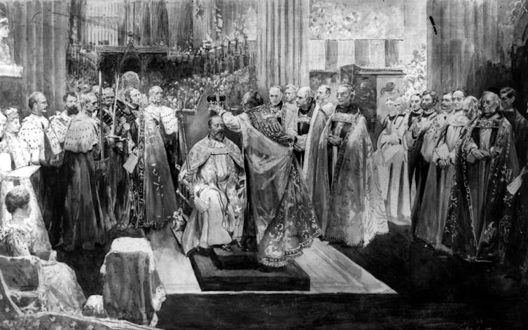 A black and white sketch of a crowd of people gathered around an older man sitting in a throne, with another man placing a crown upon the seated man's head.