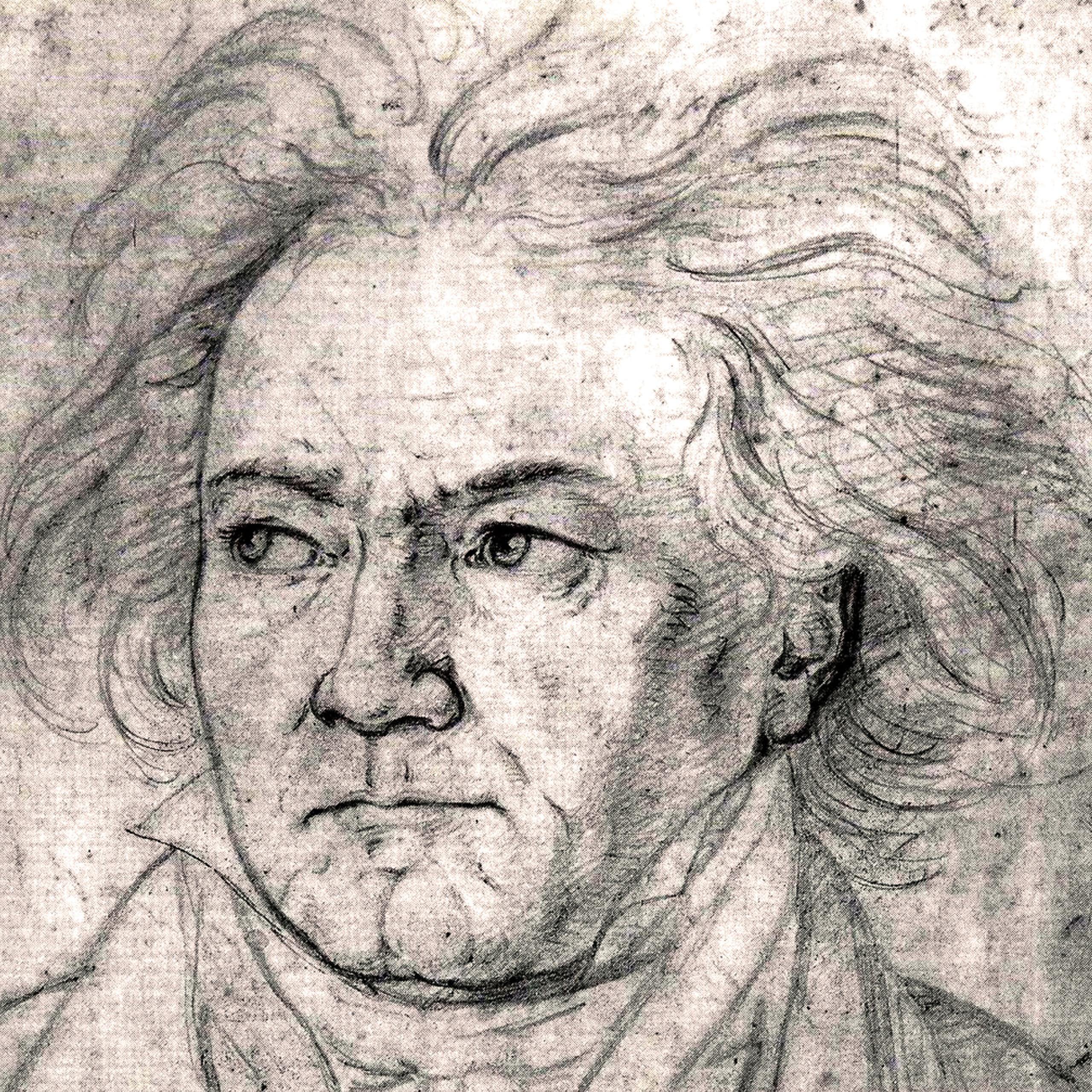 A painting of a white man with long hair looking into the distance.