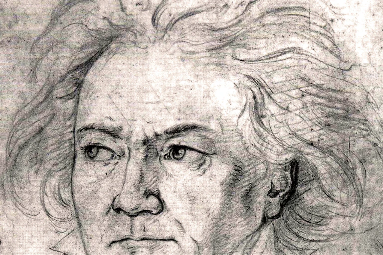 A painting of a white man with long hair looking into the distance.