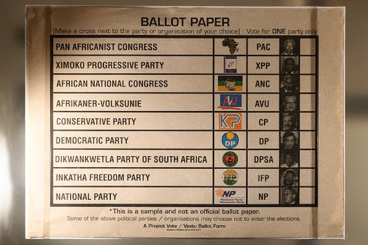 A sample ballot paper from the 1994 general election in South Africa.