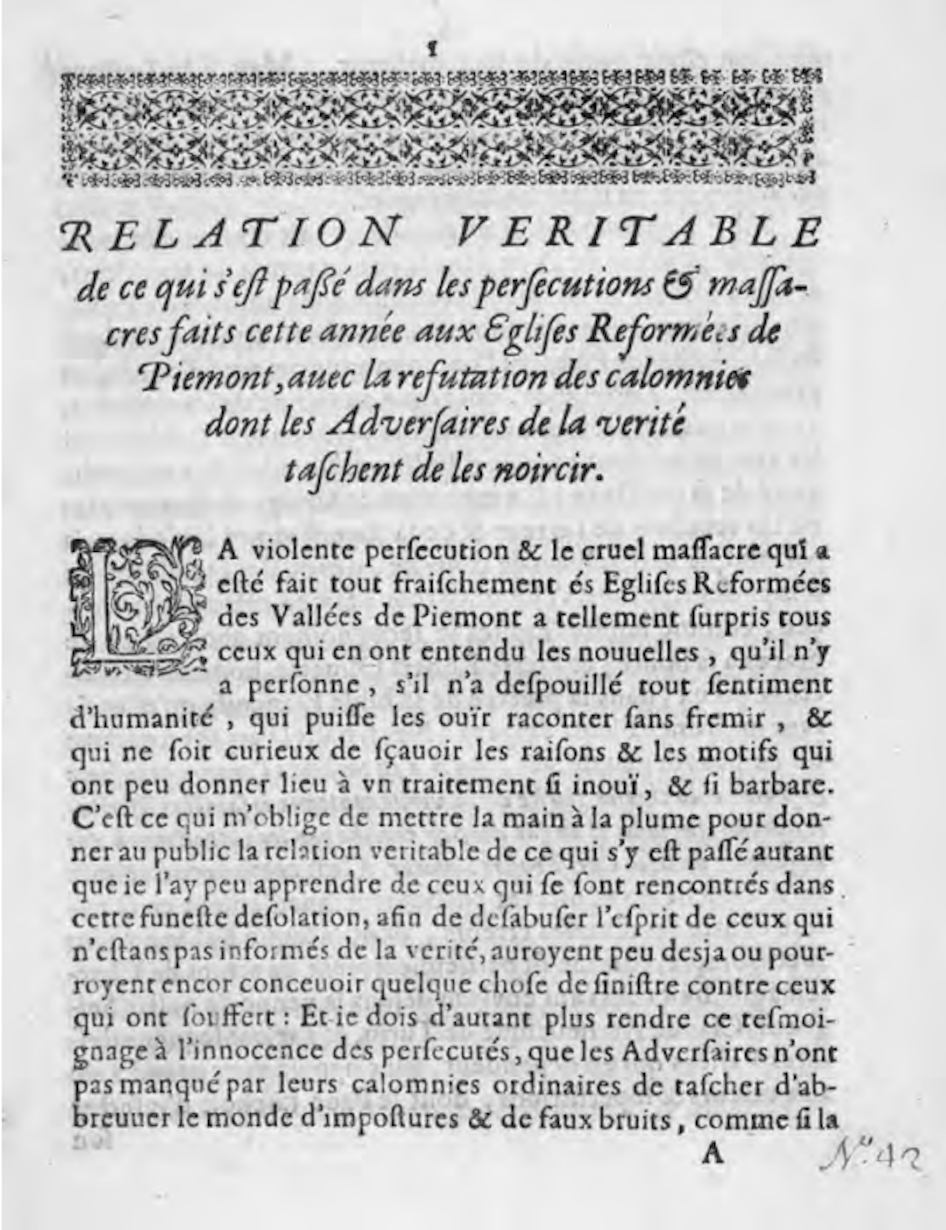 'Relation veritable', one of the published testimonies of the Waldensians