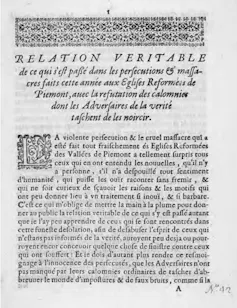 'Relation veritable', one of the published testimonies of the Waldensians