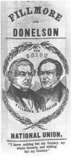 A faded poster of two men and a quote below which reads 'I know nothing but my Country, my whole Country, and nothing but my Country.'