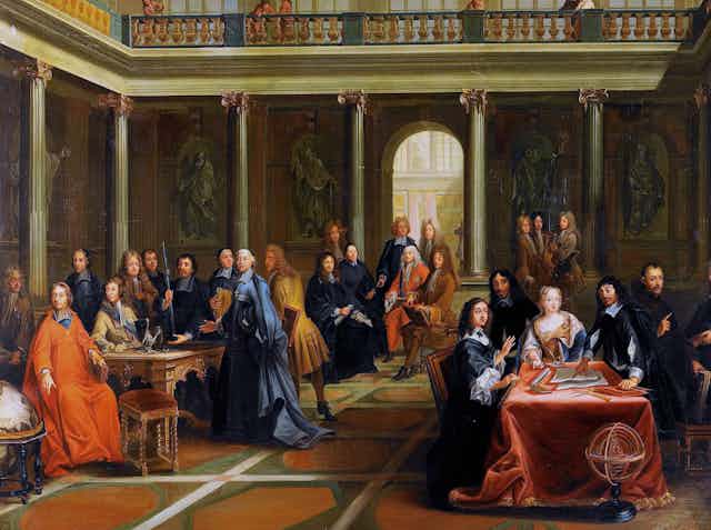 A painting of a dispute between Queen Cristina Vasa and Rene Descartes.