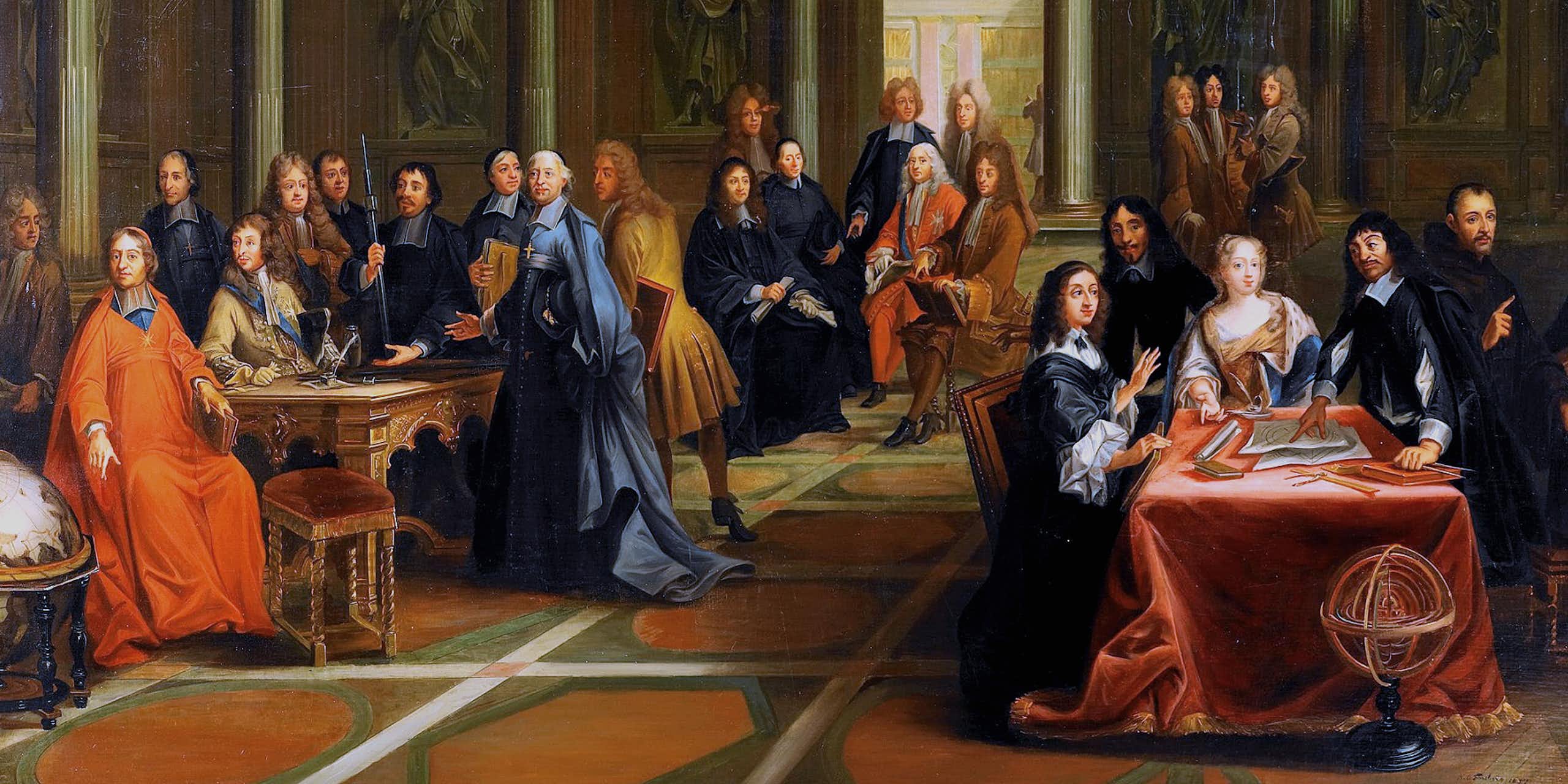 A painting of a dispute between Queen Cristina Vasa and Rene Descartes.