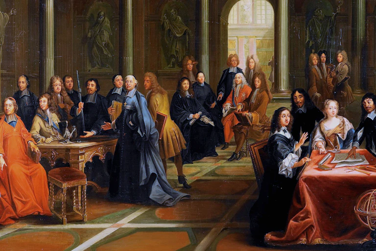 A painting of a dispute between Queen Cristina Vasa and Rene Descartes.