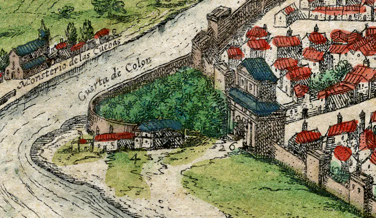 Detalle de la Puerta Real en el considerado 'primer atlas de ciudades del mundo', el _Civitates Orbis Terrarum_, 1588.
