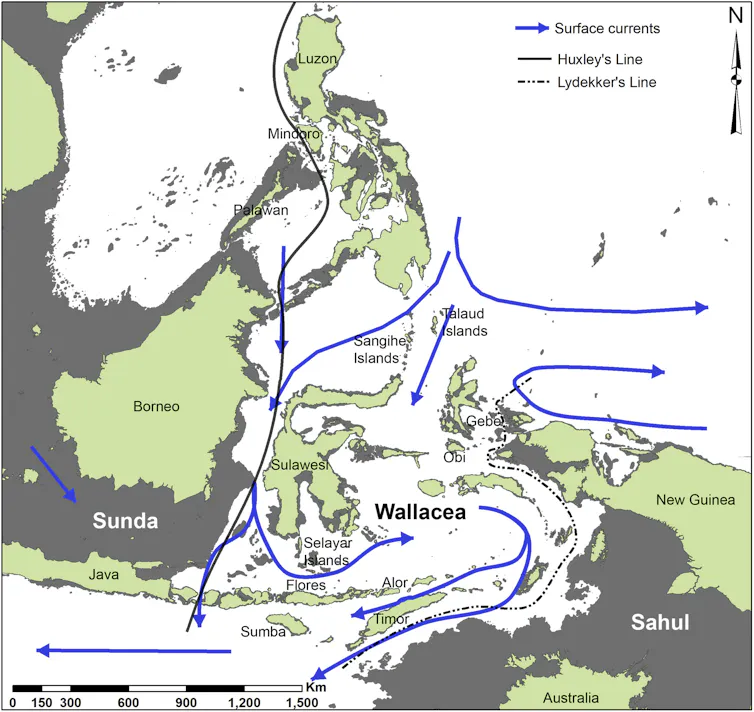 A map showing ancient land masses of Sunda and Sahul overlaid with a map of the modern region.