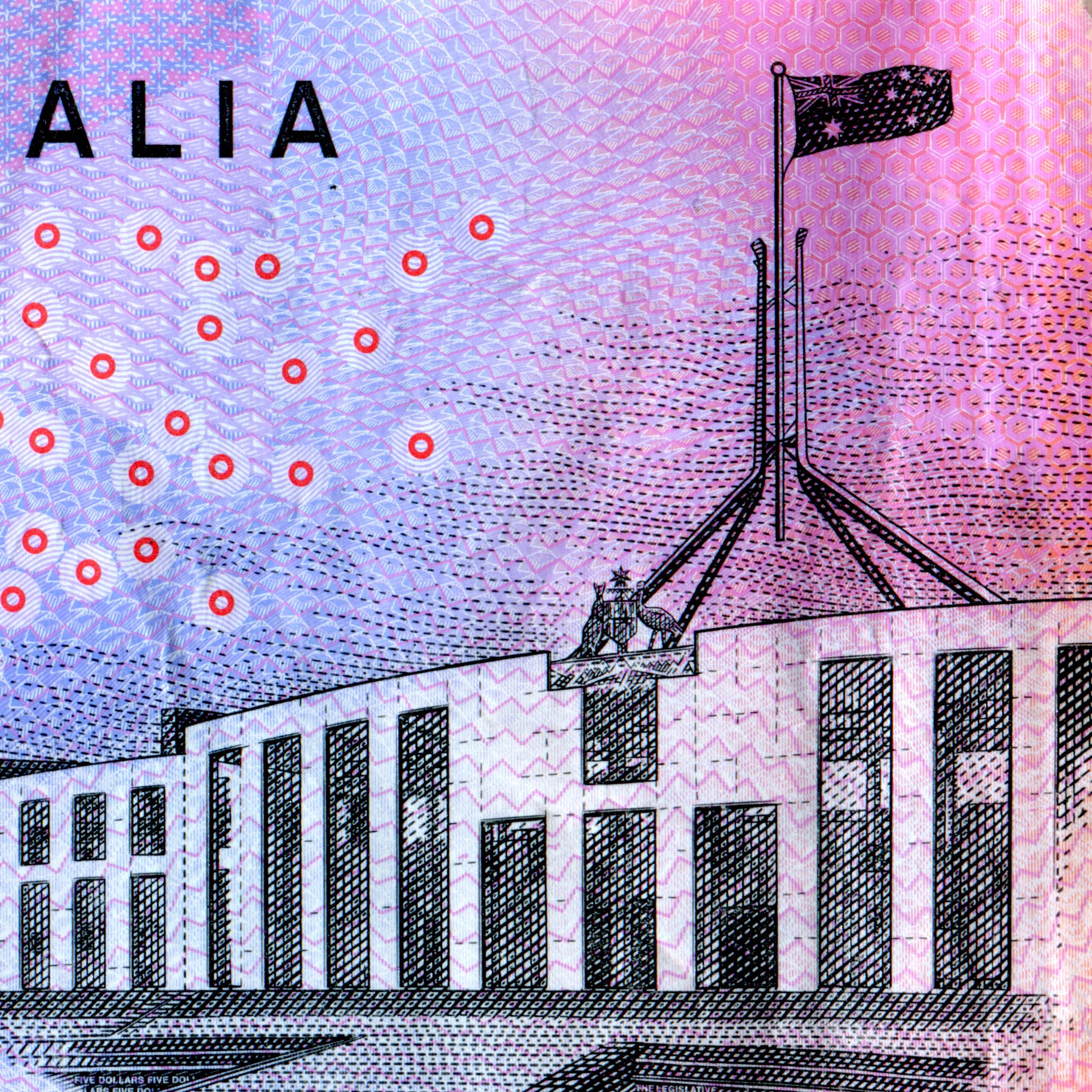 closeup of Australian Parliament House on a $5 note