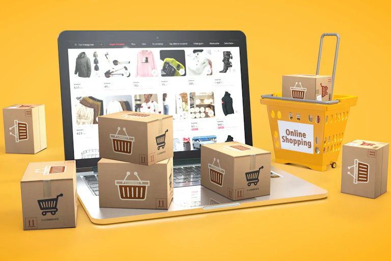 illustration avec des colis entourant un ordinateur portable