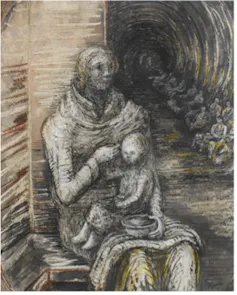 Drawing of a mother and child in London Underground