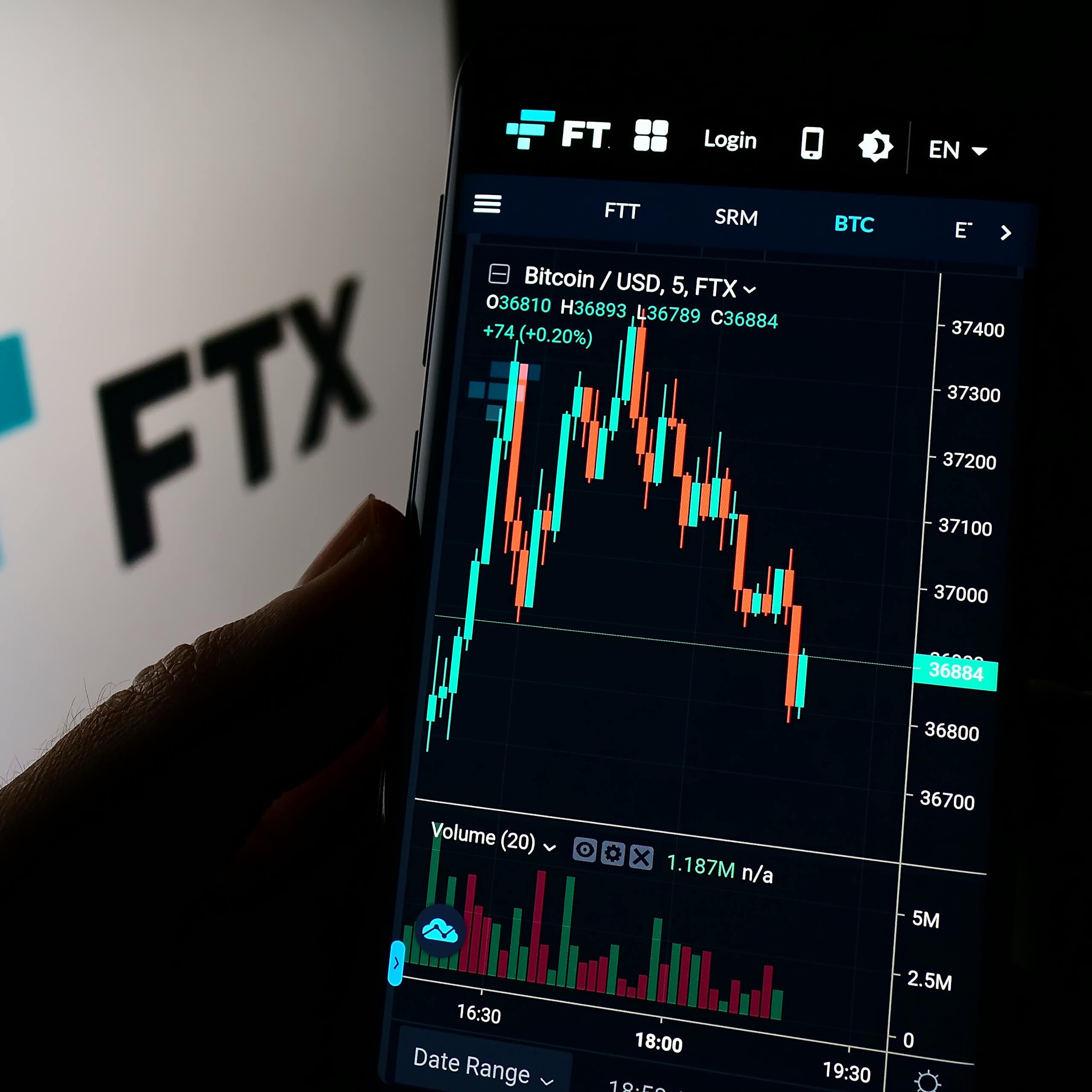 FTX logo and a phone screen showing FTX prices