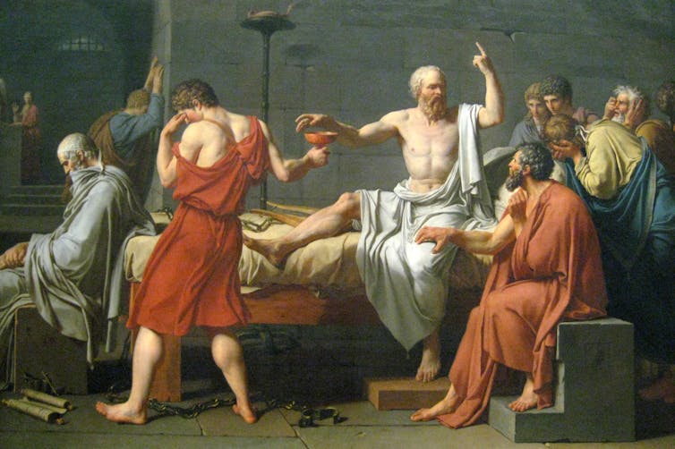 A painting shows a man holding a drinking cup while talking to a group of people.