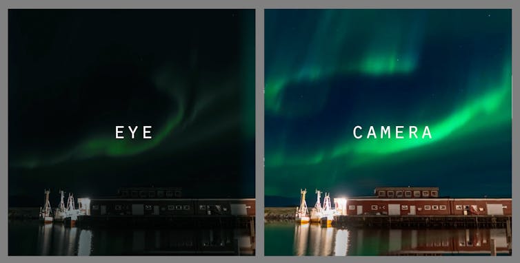 Two images of the Northern Lights, the left one labeled 