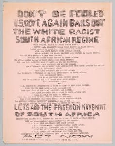 Typewritten flyer protesting the ties of the U.S. government to South Africa.