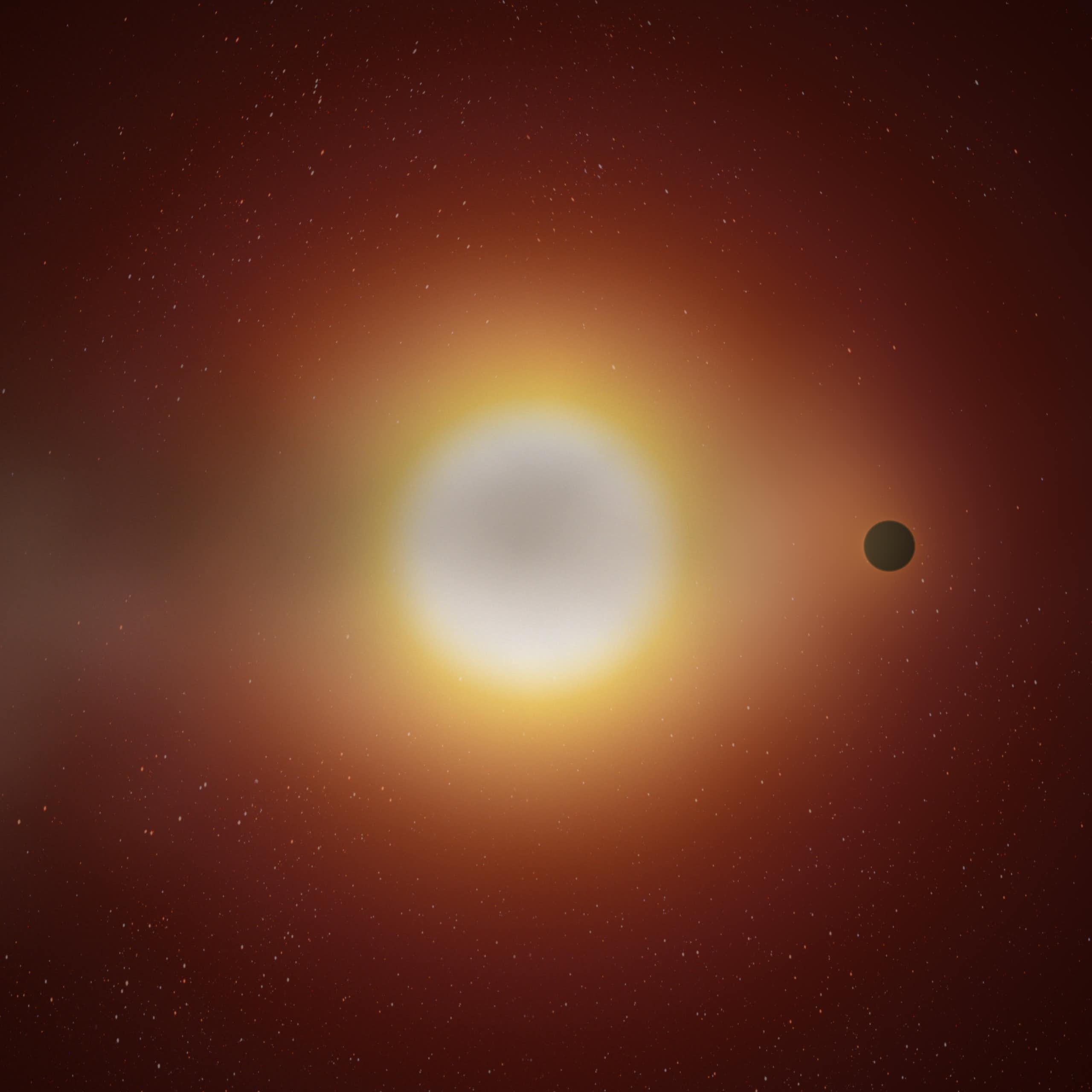 Ilustração de um pequeno planeta que orbita em torno de um sol.