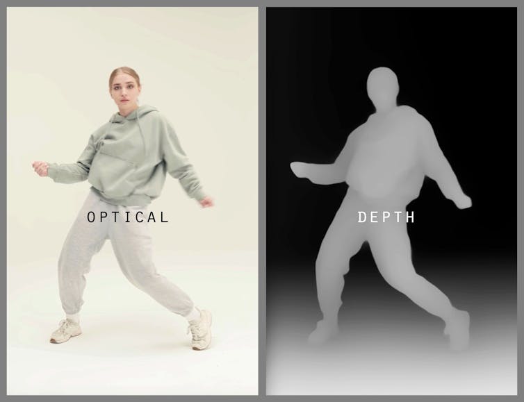 Two images, labeled 'optical' on the left and 'depth' on the right, show a person dancing.  The 'optical' image shows how the person in the photo would normally look, while the 'depth' image shows their silhouette in white against a black background.