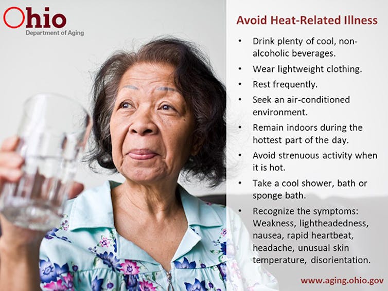 An older woman holds a glass of water next to a list of safety tips for older adults facing heat waves.