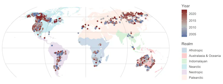 Map showing the locations of extreme fires on Earth from 2003 to -\2023