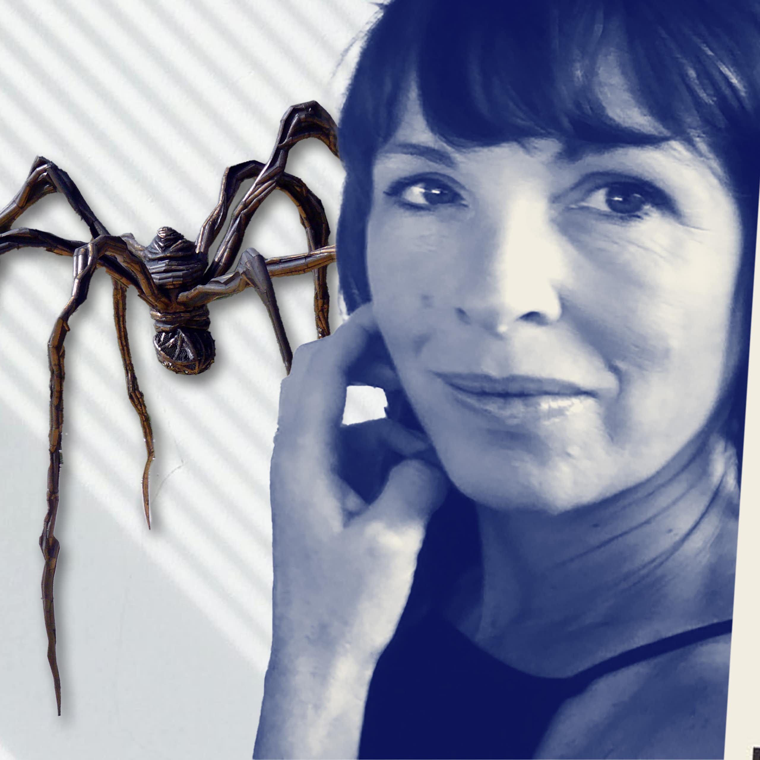 Author Rachel Cusk with her book Parade and a Louise Bourgeois spider sculpture in the backgorund