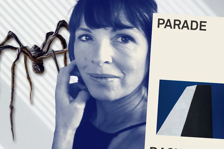 Author Rachel Cusk with her book Parade and a Louise Bourgeois spider sculpture in the backgorund