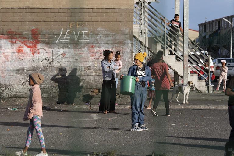 People living in the blocks of flats in Hanover Park, Cape Town, 2022.