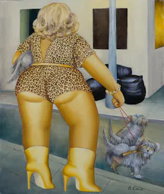 A Berylc Cook painting called Lady of Marseille depicting big-bummed woman in a leopard print playsuit with gold boots and two small dogs.