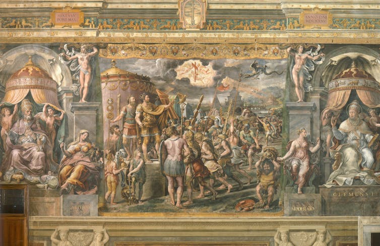 Painting of various knights, women, and deities, with angels carrying a red cross in the sky