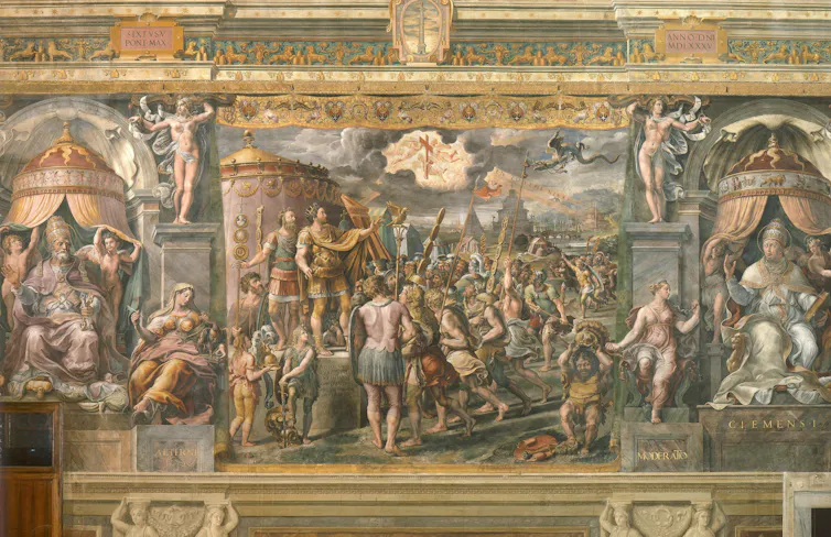 Painting of various knights, women, and deities, with angels carrying a red cross in the sky