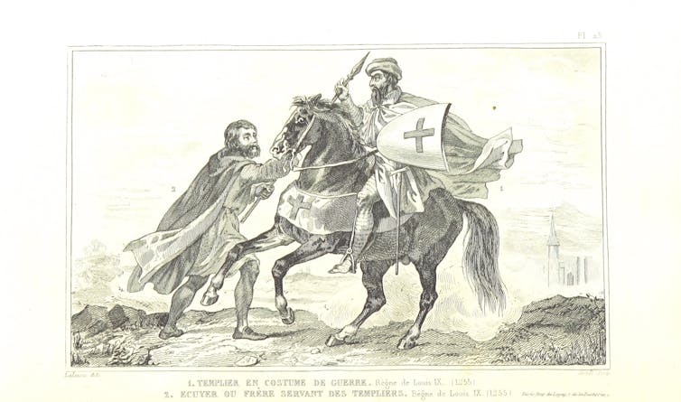 Illustration: Knight on a horse with a heraldic cross, another person holding the horse