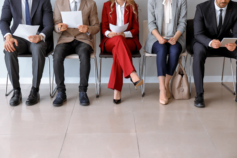 View of several people, from the neck down, sitting in a row waiting for a job interview